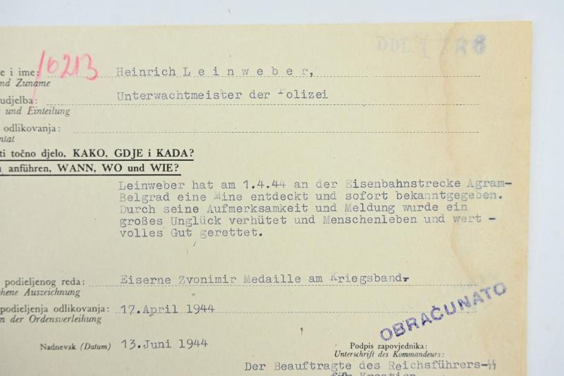 Croatian WW2 Iron Zvonimir Medal Certificate