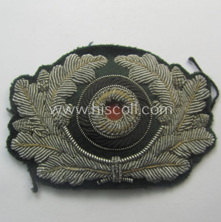 Clearly used- and/or cap-removed, WH (Heeres) officers'-pattern, visor-cap eagle/cocarde-set (ie. 'Effektensatz für Schirmmütze') being both hand-embroidered examples that come mounted onto a darker-green-coloured- and/or woolen-based background