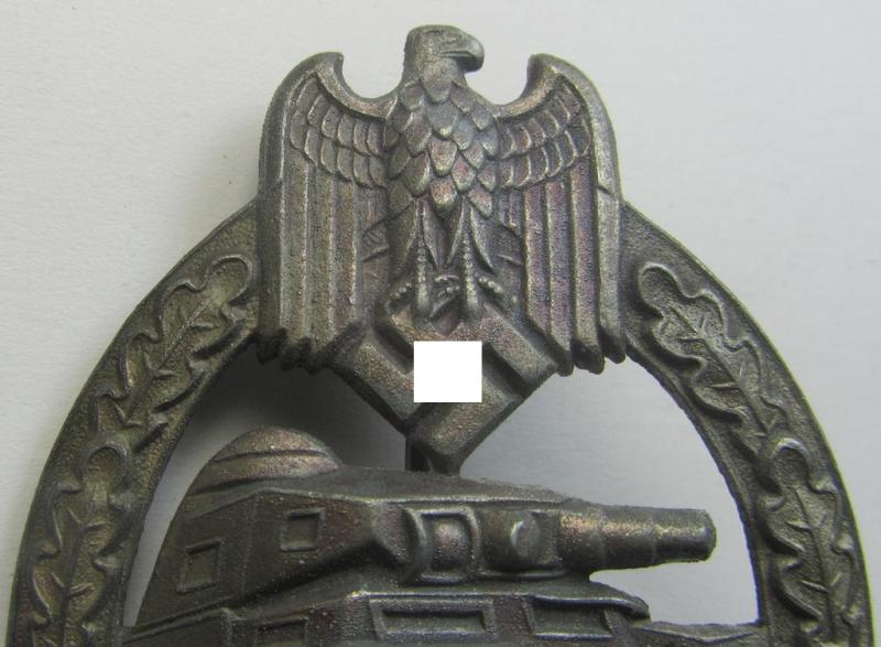 'Panzerkampfabzeichen in Silber' (or: silver-class panzer-assault badge or PAB) being a hollow-type, non-maker-marked- and/or zinc- (ie. 'Feinzink'-) based specimen as was procuced by the: 'Gebr. Wegerhoff'-company