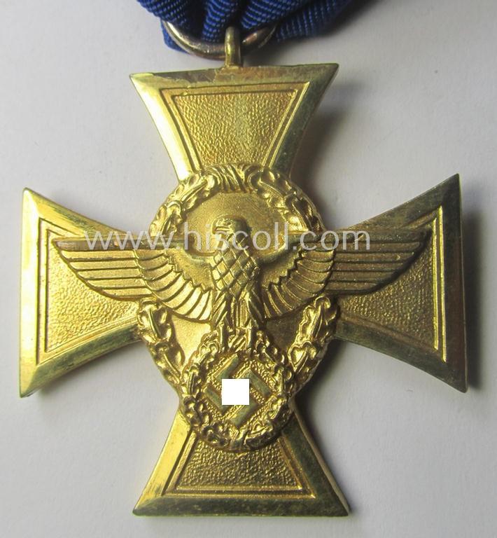 Golden-class 'Pol.-Dienstauszeichnung 1. Stufe' (or: police loyal-service medal first-class) that comes mounted onto its (typically broader-shaped) ribbon (ie. 'Bandabschnitt')