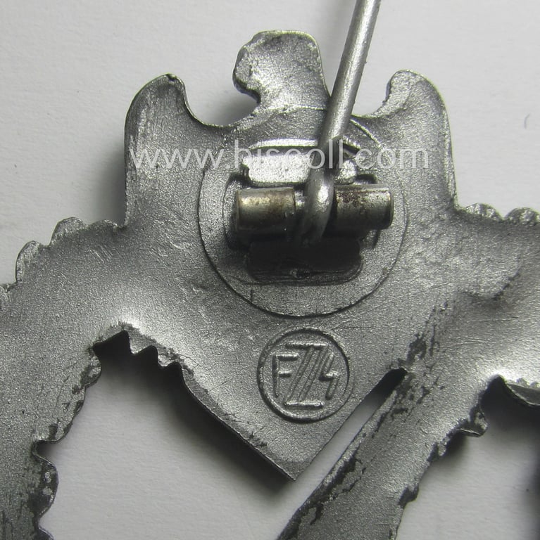 Zinc- (ie. 'Feinzink'-) based, 'Infanterie-Sturmabzeichen in Silber' being a maker- (ie. 'FZZ'-) marked example as being produced by the: 'Fritz Zimmermann'-company
