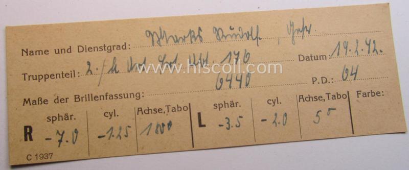 Complete pair of 'standard-issued'-pattern, WH-service-glasses (ie. 'Dienstbrille') as issued to the: 'Gefr. Andreas Rüdolf' (or alike) serving within the: '2./L.Art.Ers.Abt. 176' and that comes stored in its period-container