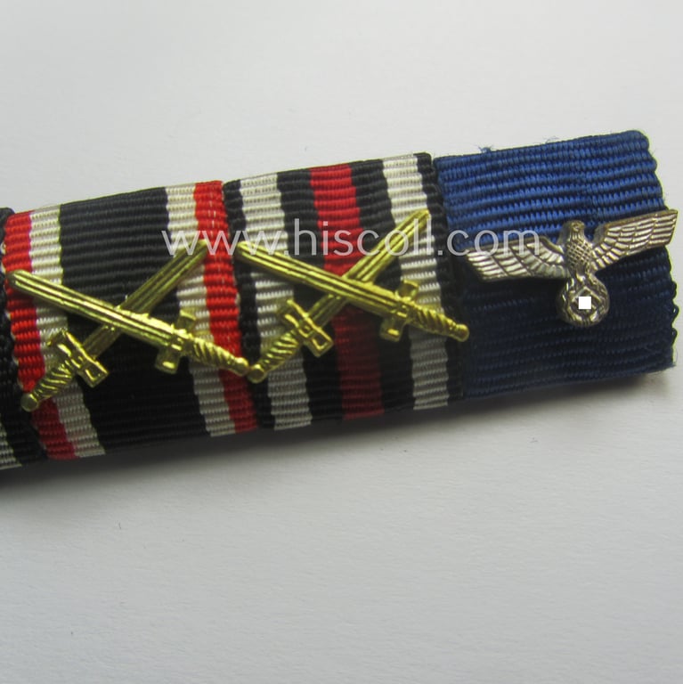 4-pieced, WWI- and WWII- (ie. TR-) period ribbon-bar (ie. 'Feld- o. Bandspange') showing various WWII-period awards (amongst which a: 'WH (Heeres) Dienstauszeichnung für 4 Jahre Treue Dienste')