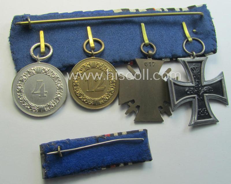 Attractive, 4-pieced 'WWI- u. WH (Heeres o. KM)'-related medal-bar-set (ie. 'Ordenspange-Satz'-) resp. depicting a WWI-period: 'EK II.Kl.', a: 'FKK 1914-18' and two: WH (Heeres o. KM) 'Dienstauszeichnung der 4. u. 3. Stufe'