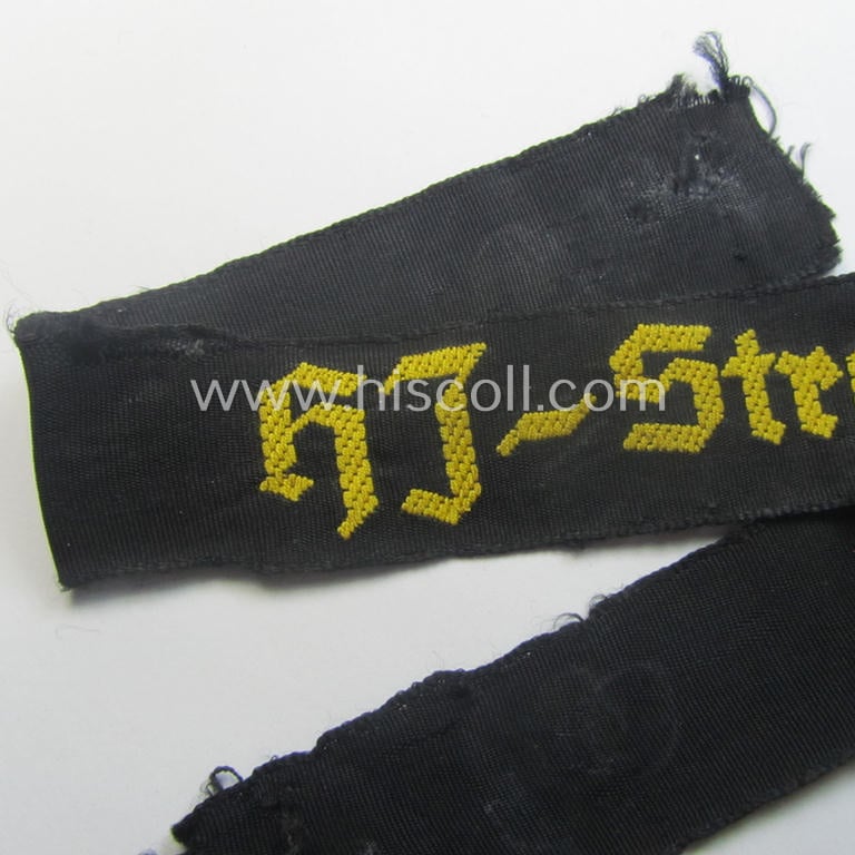 Superb - and with certainty rarely encountered! - example of the HJ- ('Hitlerjugend'-) cuff-title (ie. 'Ärmelstreifen') entitled: 'HJ-Streife' being an example as executed in the typical 'BeVo'-woven pattern