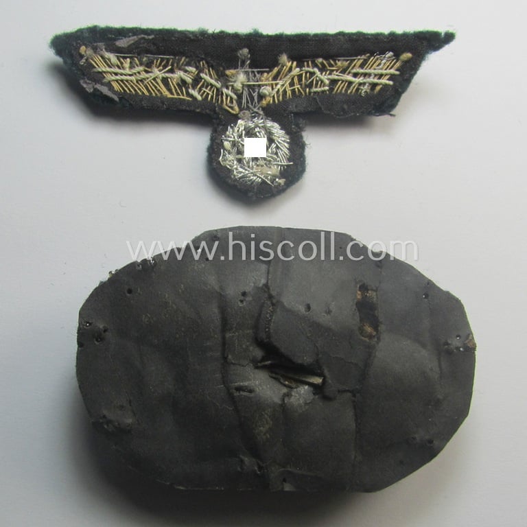 Clearly used- and/or cap-removed, WH (Heeres) officers'-pattern, visor-cap eagle/cocarde-set (ie. 'Effektensatz für Schirmmütze') being both hand-embroidered examples that come mounted onto a darker-green-coloured- and/or woolen-based background
