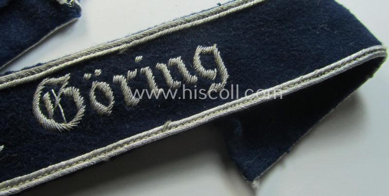 Superb - and scarcely found! - example of a WH (LW) cuff-title ie. armband (ie. 'Ärmelstreifen') entitled: 'General Göring' (being a hand-embroidered officers'- (ie. NCO-) pattern example that comes in a truly worn and/or tunic-removed, conditio...