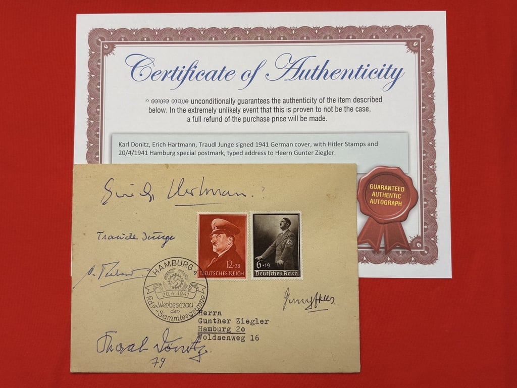 WWII GERMAN KARL DONITZ, ERICH HARTMANN, TRAUDL JUNGE SIGNED 1941 GERMAN COVER, WITH HITLER STAMPS AND DATED 20/4/1941. ADDITIONAL PHOTOS