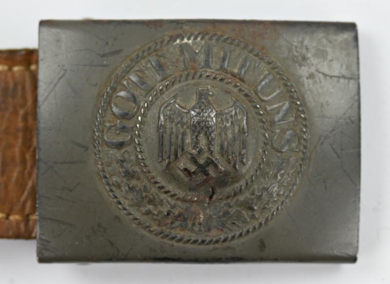 German WH Beltbuckle with Schrapnel damage and Tab 'E.Schneider'