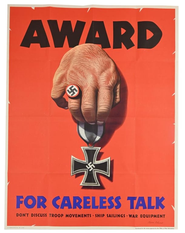 US WW2 Poster 'Award for careless talk'