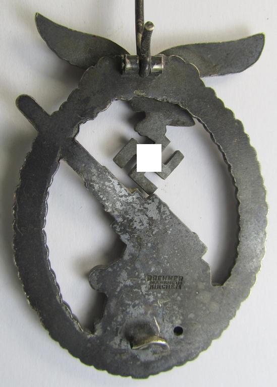 Superb, very early-period 'nickle-silver'-based- example of a maker- (ie. 'Brehmer'-) marked WH (Luftwaffe) 'Flakkampfabzeichen' (or: airforce anti-aircraft badge) being a detailed example as was produced by the: 'Gustav Brehmer'-company