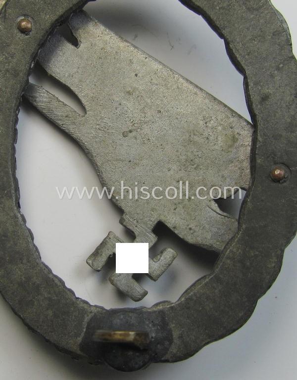 Attractive - and I deem mid- (ie. later-) war-period - zinc- (ie. 'Feinzink'-) based version of a WH (Luftwaffe) 'Fallschirmschützen-Abzeichen' (being a non-maker-marked, 'Type H'-pattern example as was produced by the: 'C.E. Juncker'-company...