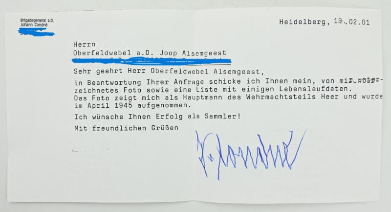 Signature of Wehrmacht Heer KC Recipient 'Johann Condné'