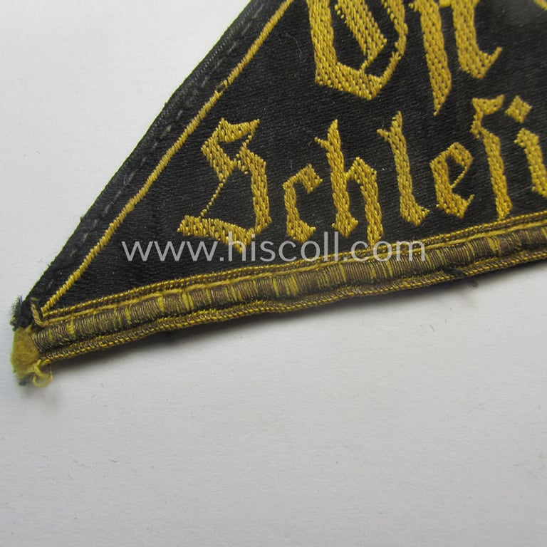 Superb - and truly rarely found! - 'HJ' (ie. 'Hitlerjugend') early-period, 'honorary' district-triangle (ie. 'Gebietsdreieck') entitled: 'Ost Schlesien' (having a golden-toned 'honorary rank-stripe' attached, signifying HJ-membership before 1933)