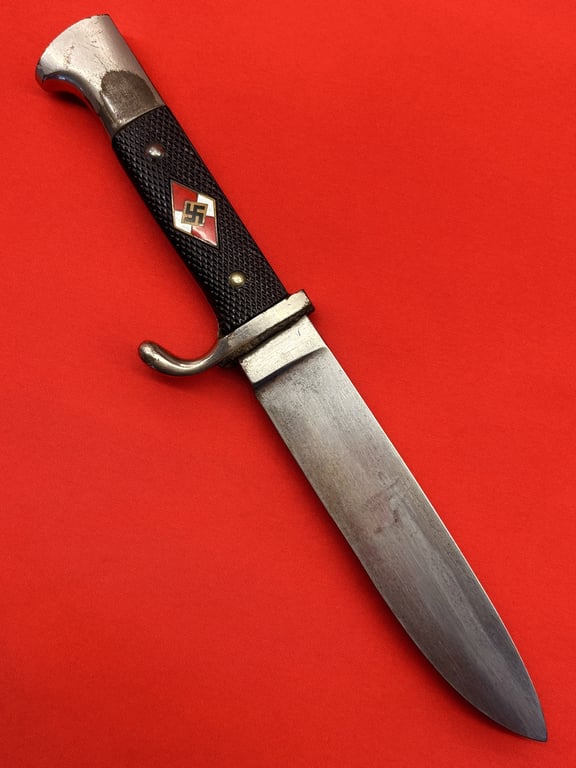 WW2 GERMAN HITLER YOUTH KNIFE RZM STAMPED M7/60 FOR RARE MAKER GUSTAV L. KOLLER NACHFOLGER WITH THE UNSTIPPLED HJ EMBLEMED DIAMOND