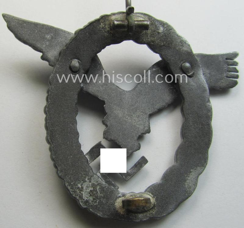 Later-war-period WH (Luftwaffe) 'Flugzeugführer-Abzeichen' (or: pilots'-badge) being a typical zinc- (ie. 'Feinzink'-) based and/or non-maker-marked example by the: 'Friedrich Linden'- (ie. 'FLL'-) company
