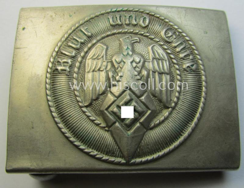 HJ (ie. 'Hitlerjugend') bright-silver-coloured- (ie. nickle-chrome-based and early-pattern) belt-buckle being a neatly maker- (ie. 'Ges.Gesch.'-) marked example
