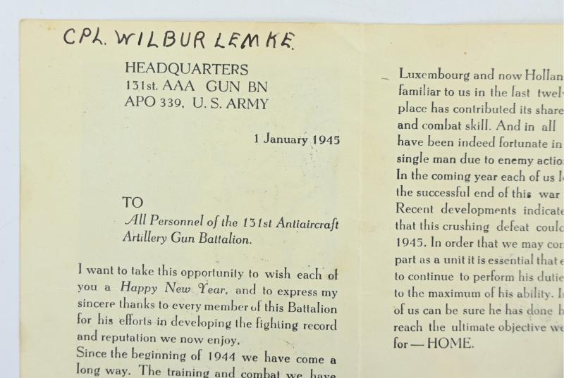 US WW2 Happy New Year Leaflet '131st AAA'