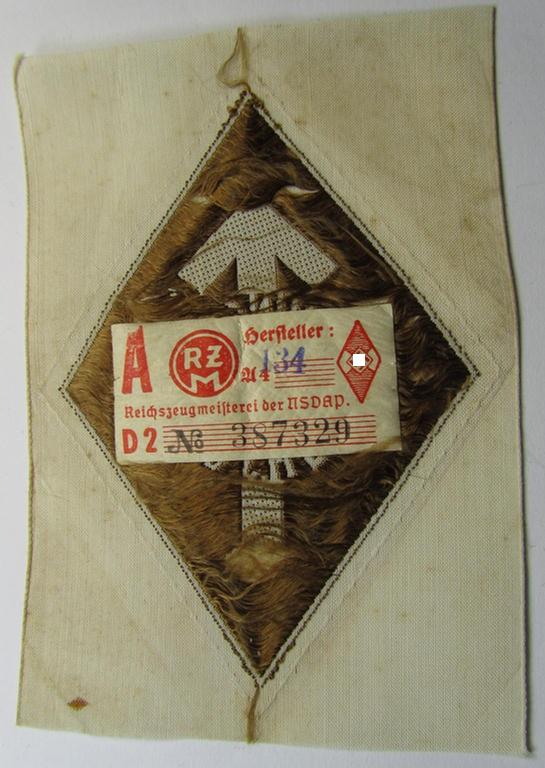 Attractive, HJ- (ie. 'Hitlerjugend') 'Leistungsabzeichen in Bronze' (or: bronze-class youth sports'-badge) as executed in the: 'BeVo'-weave pattern that still retains its period-attached 'RzM'-etiket