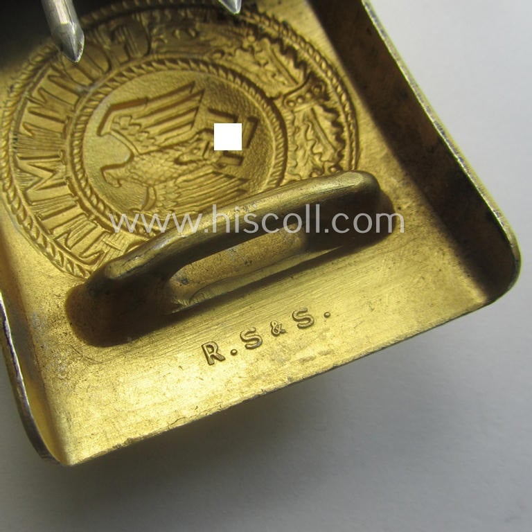Stunning, WH (Kriegsmarine) bright-golden-toned- and/or aluminium-based belt-buckle (being a maker- ie.: 'R.S.&S.'-marked (and '1938'-dated!) example that comes mounted onto its leather-based tongue