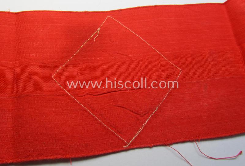 Attractive - and nowadays scarcely found! - 'standard'- (ie. entirely woven) pattern, bright-red-coloured HJ- (ie. 'Hitlerjugend'-) related armband (ie. 'Armbinde') being a moderately worn- ie. used example that regrettably misses its 'RzM'-e...