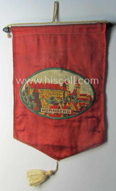 'Patriotic-styled', N.S.D.A.P.-related vehicle- ie. bicycle-flag (ie. 'Fahrrad-Fahne') depicting on one side an interwoven illustration of three men holding a statue of a 'Reichsadler'-device coupled with the text: 'Reichsparteitag 1937'