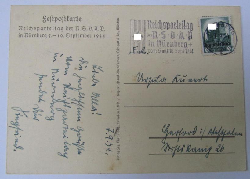 Attractive - and scarcely encountered! - semi-colourfull- ie. N.S.D.A.P.-related-, commemorative-, period-postcard entitled: 'Reichsparteitag - Nürnberg - 1934 - 5.-10. September' 
