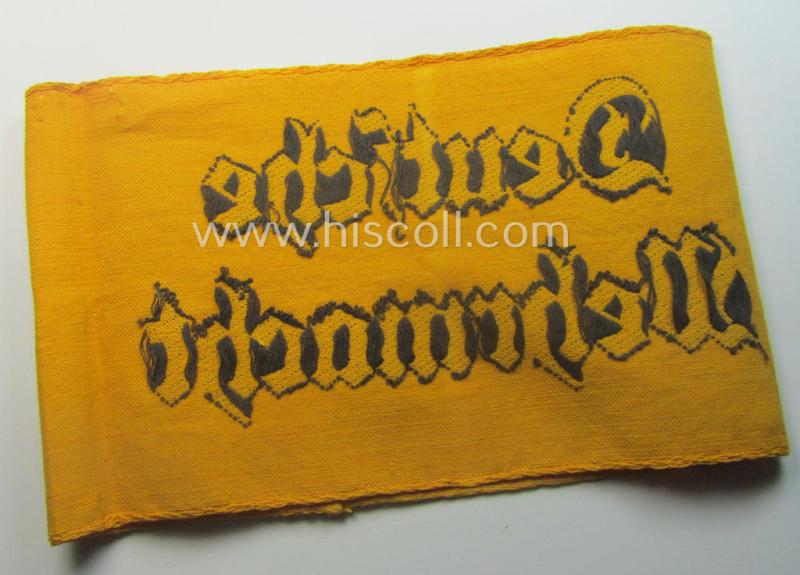Linnen-based- and/or neatly 'BeVo'-woven, golden-yellow-coloured armband (ie. 'Armbinde') entitled: 'Deutsche Wehrmacht' as was intended for (civilian) staff-members serving within the German armed forces ie. 'Deutsche Wehrmacht'