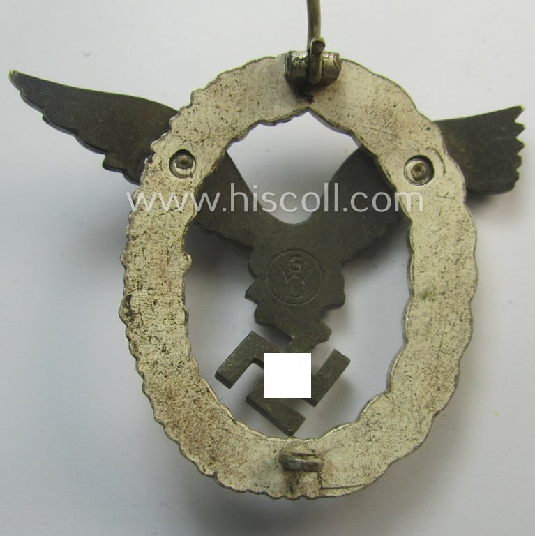 Superb, WH (Luftwaffe) 'Flugzeugführer-Abzeichen' (or: pilots'-badge) being a neatly maker- (ie. 'GWL'-) marked- and/or: 'Buntmetall'-based example as was produced by the maker: 'Gebrüder Wegerhoff'