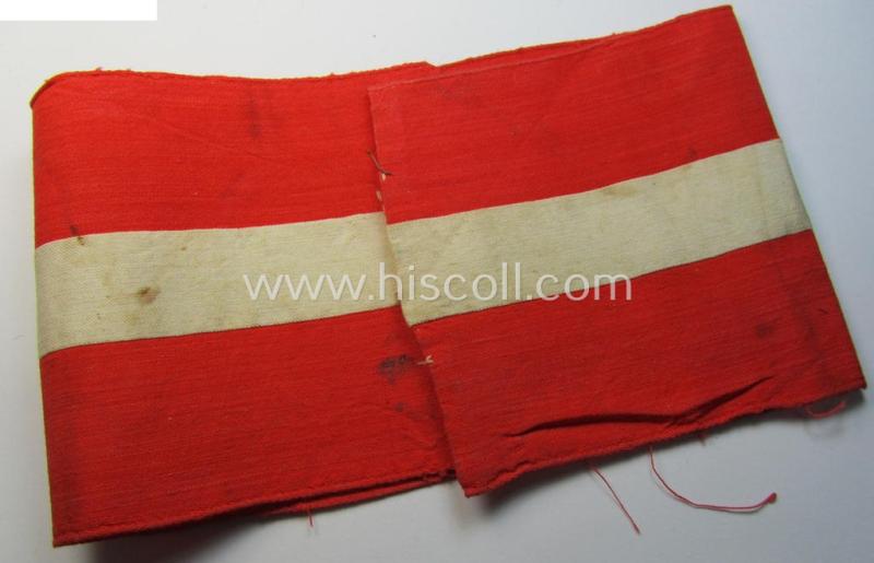 Attractive - and nowadays scarcely found! - 'standard'- (ie. entirely woven) pattern, bright-red-coloured HJ- (ie. 'Hitlerjugend'-) related armband (ie. 'Armbinde') being a moderately worn- ie. used example that regrettably misses its 'RzM'-e...