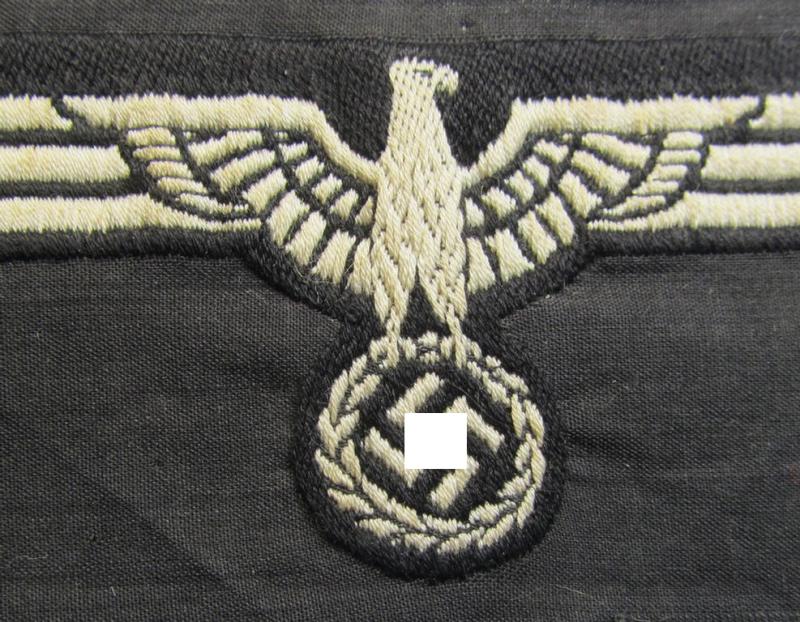Neat, WH (Heeres) early- (ie. pre-) war-period- and/or white-coloured 'Panzer'-type breast-eagle of the so-called: 'M35'- (ie.'M36'-) pattern as was executed in the neat 'BeVo'-weave pattern on a black-coloured background