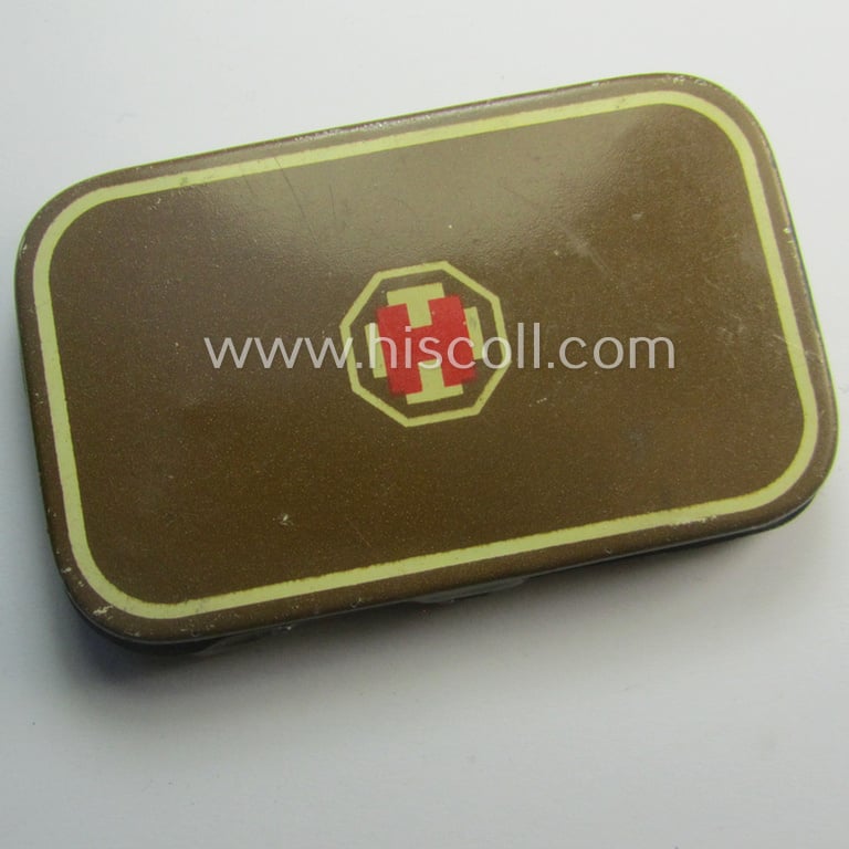 Attractive - and actually scarcely seen! - HJ/BDM- (ie. 'Hitlerjugend'/'Bund Deutscher Mädel'-) related, tinnen-based medical-accessory-box that is showing a typical 'HJ-Raute' on its top