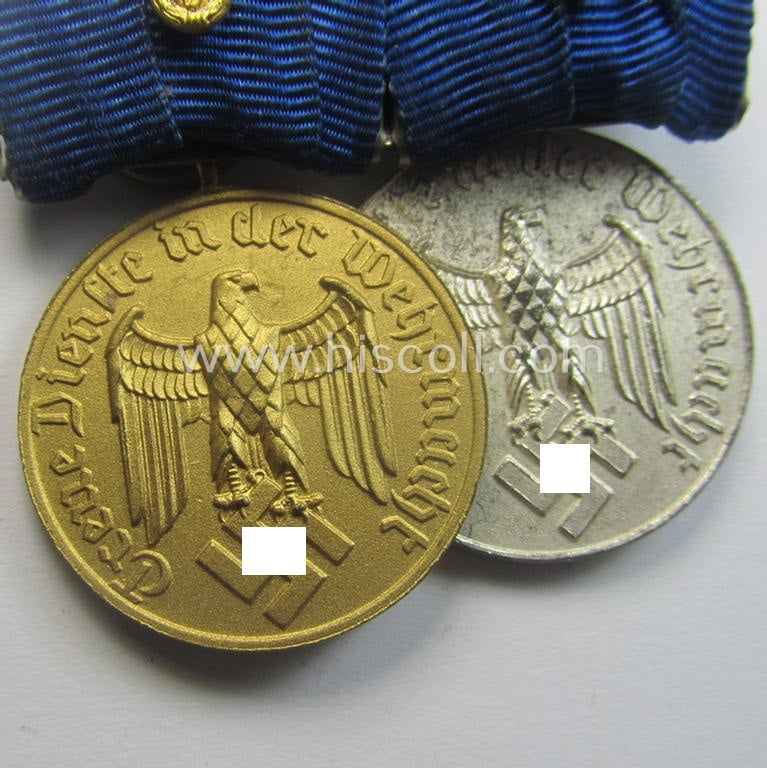 2-pieced medal-bar (ie. 'Spange') showing two: WH (Heeres o. Kriegsmarine) so-called: 'Dienstauszeichnungen für 4 u. 12 Jahre Treue Dienste' that both come period-mounted as a so-called: 'Doppelspange'