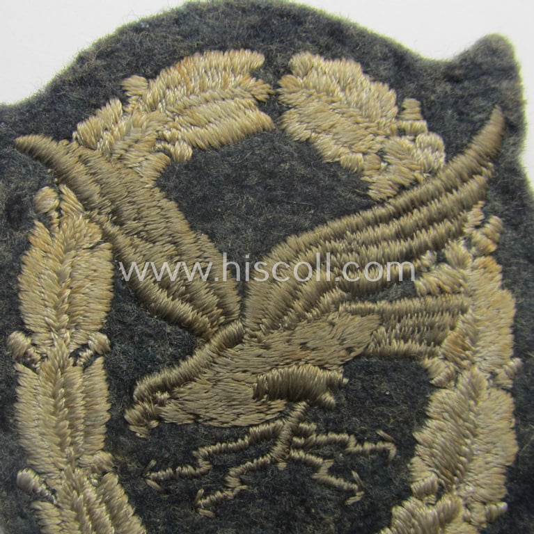 Truly used, WH (Luftwaffe): 'Fliegerschützen-Abz. mit Blitzbündel in Stoff' (or: cloth air-gunners-badge with lightning-bolts) being a nicely executed and typical machine-embroidered specimen