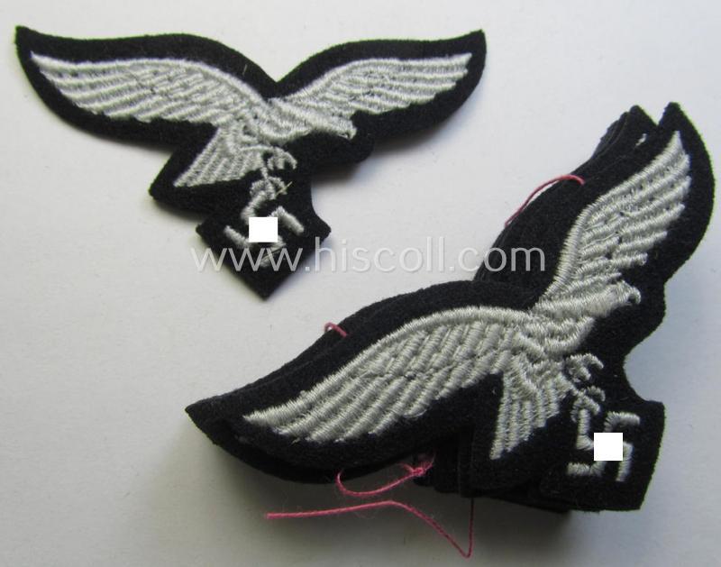 WH (Luftwaffe) cap-eagle (being a 'standard-issue'-pattern example that is executed onto a black-coloured background and that was as such intended for usage on the black-coloured work- ie. 'HG'-related side-caps ie. 'Schiffchen')