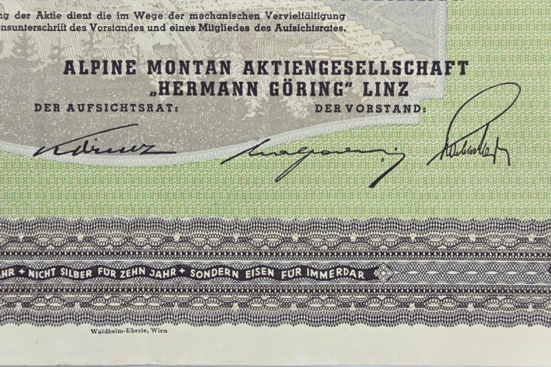 German Third Reich Certificate Alpine Montan AG "Hermann Göring" Linz