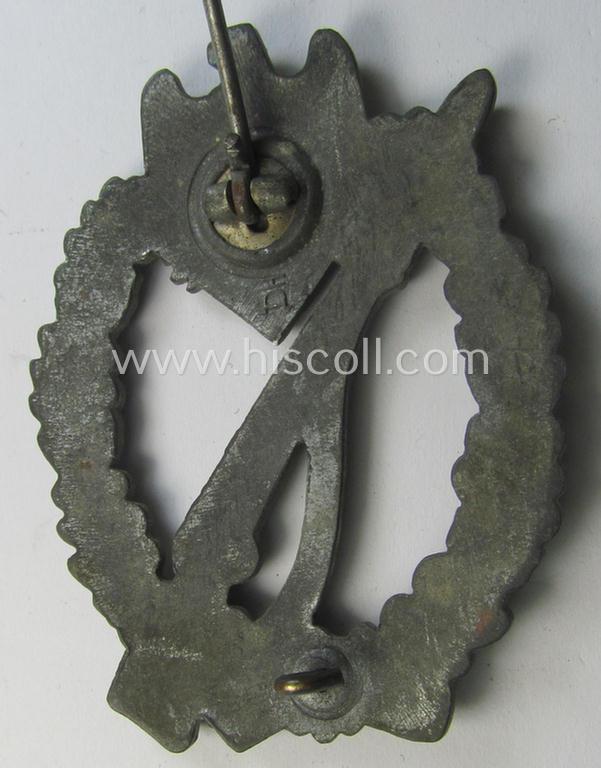 Attractive - surely worn but truly detailed! - 'Infanterie Sturmabzeichen in Silber' (or: silver-class infantry assault-badge ie. IAB) being a maker- (ie. 'HA'- ie. 'Hermann Aurich') marked example as executed in zinc-based metal (ie. 'Feinzin...