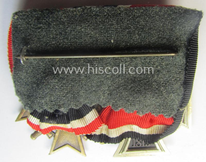 Two-pieced medal-bar (ie. 'Orden- o. Doppelspange') showing resp. an: 'Eisernes Kreuz II. Kl.' and a: 'Kriegsverdienstkreuz II. Klasse mit Schwn.' that both come period-mounted as a: 'Doppelspange'