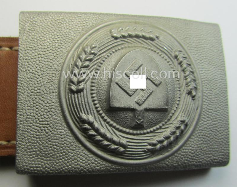 'Reichsarbeitsdienst'- (ie. RAD-) enlisted-mens'- (ie. NCO-) type belt-buckle being a maker- (ie. 'Friedrich Linden'-) marked example which is dated: '1938' and that comes mounted onto its leather-based tab