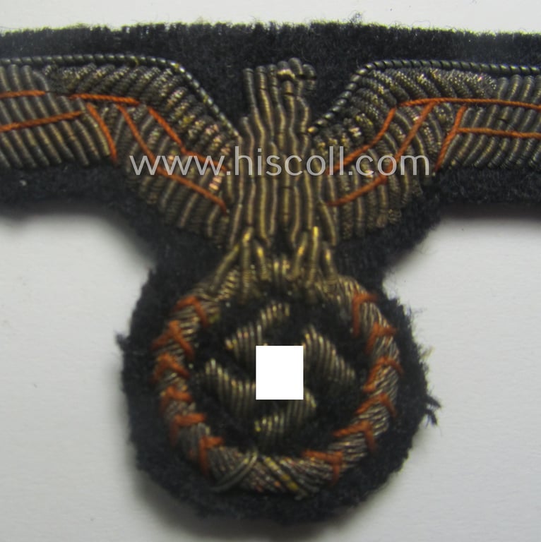 WH (Kriegsmarine) officers'-type, hand-embroidered visor-cap-eagle (ie. 'Schirmmützenadler für Offiziere der KM') as intended for usage on the various naval, officers'-pattern visor-caps