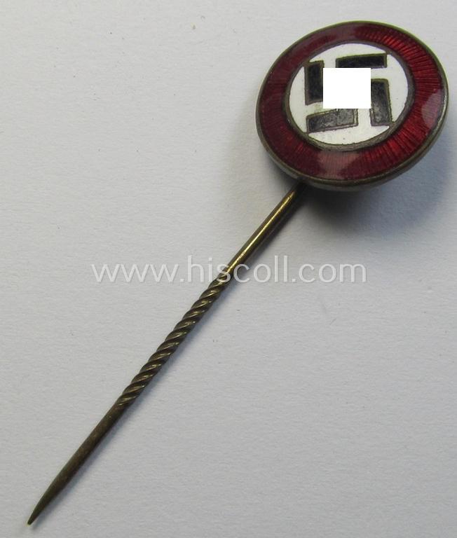 Superb - darker-red-coloured and very nicely preserved! - so-called: 'N.S.D.A.P.'-supporter-pin- ie. party-badge (or: 'Parteiabzeichen') being a smaller-sized specimen that it totally void of a makers'-designation