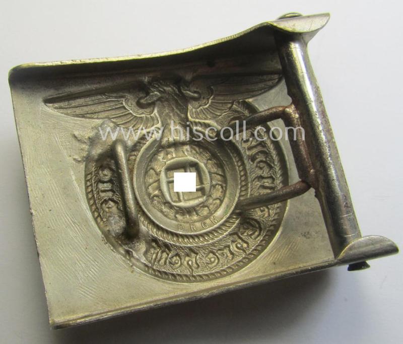 Early-period- SS- (ie. Allgemeine-SS o. Waffen-SS) EM- (ie. NCO-) type belt-buckle (being a typical, nickle-chrome-based- and/or: 'D.R.G.M.'-marked example that comes in a wonderful (ie. hardly used- nor worn, condition