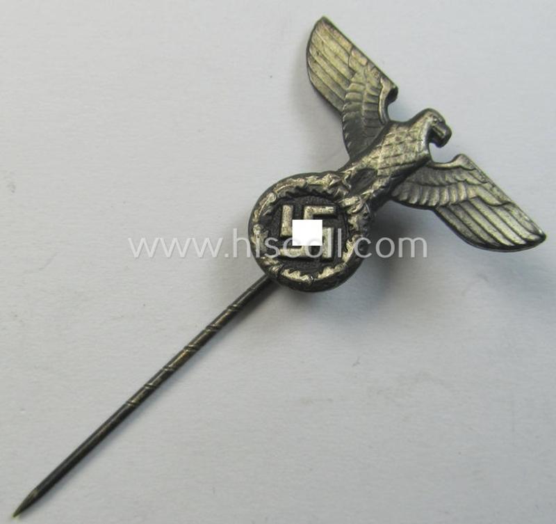 Silverish-grey-coloured - and truly very detailed! - so-called: 'N.S.D.A.P.'-supporter- (ie. membership-) lapel-pin (ie. 'tie'-pin) being a clearly maker- (ie. 'RzM - M1/72'-) marked example showing a pronounced: 'Reichsadler'-device