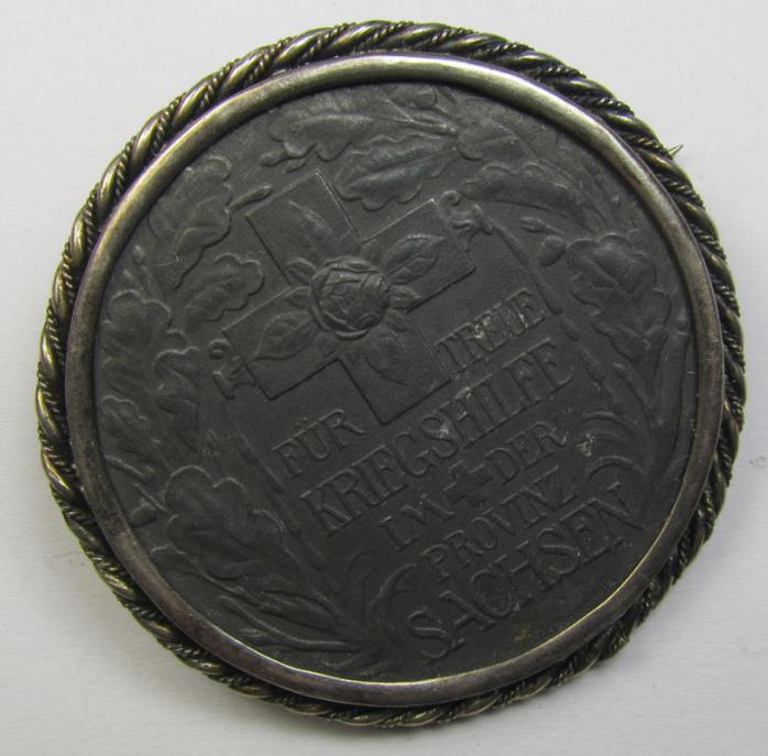 German (ie. Prussian- ie. 'Preussen') WWI-period- and/or zinc- ('Feinzink'-) based, so-called: 'Verdienstplakette für treue Kriegshilfe im der Provinz Sachsen' (being a non-maker-marked example that was period-mounted into a brooch)
