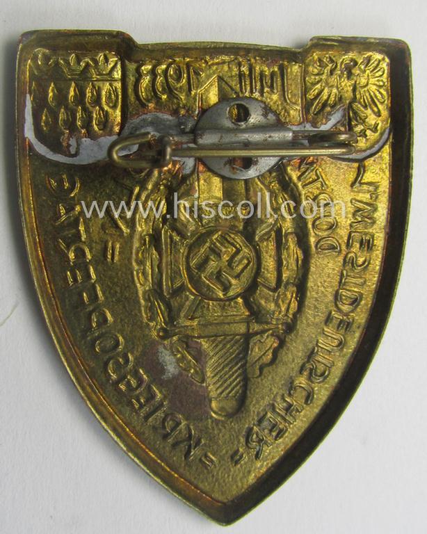 Commemorative, golden-bronze-toned and/or tin-based: 'N.S.K.O.V.'- (ie. veteran-) related 'tinnie' being a non-maker-marked example showing the text: '1. Westdeutscher - Kriegsopfertag - Dortmund - Köln - Juli 1933'