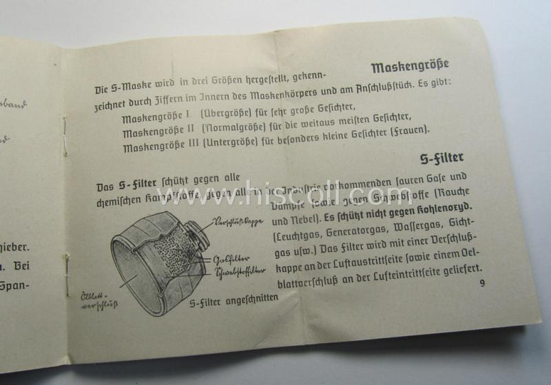 Neat - and actually scarcely encountered! - example of the 16-paged- and/or small-sized booklet on the German ('standard'-issue) 'Wehrmacht' gasmask ('Model S'), entitled: 'Die S-Maske'