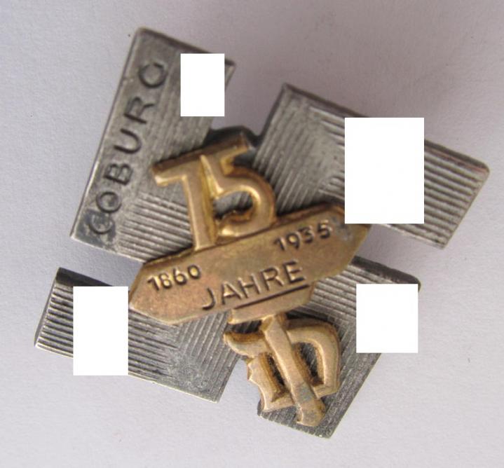 Commemorative- and/or: IMO 'Buntmetall'-based- 'tinnie', being a neatly maker- (ie. 'C. Poellath'-) marked example, depicting a swastika-sign mentioning the region: 'Coburg' upon which a golden-toned label with the text: '75 Jahre - 1860 - 1936 - TD'