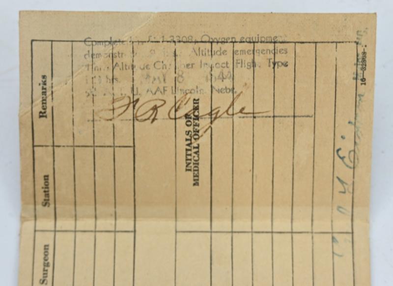 USAAF WW2 Pilot & Crew Physical Record Card