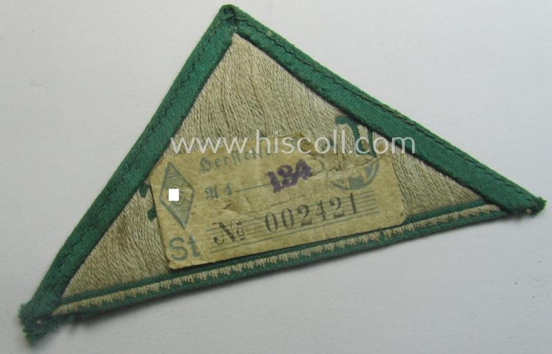 HJ (ie. 'Hitlerjugend') honorary-district-triangle (ie. 'Gebietsdreieck') entitled: 'Landjahr' being an example that still retains its 'RzM'-etiket and that comes in an overall very nice (albeit just moderately used ie. worn condition)