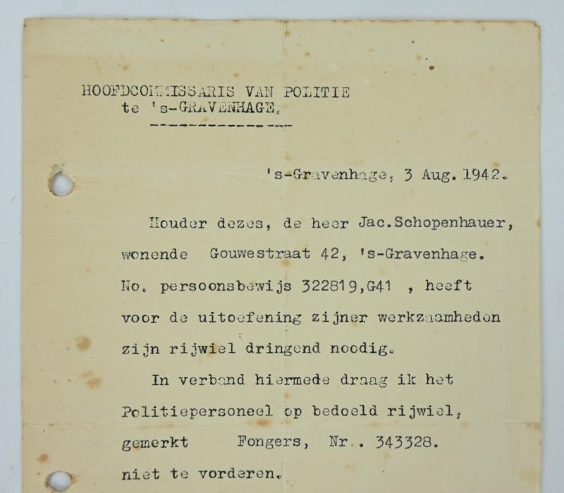 Dutch WW2 Permition Paper for Bike use